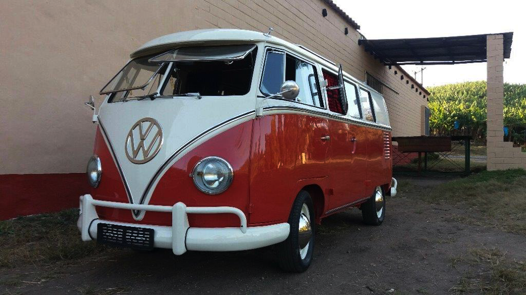 1961 Westfalia SO23 Subhatch, red and white two-tone, parked at golden hour
