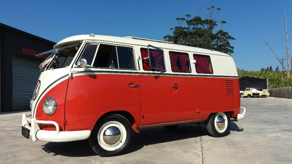 1961 Westfalia SO23 side profile, red and white two-tone